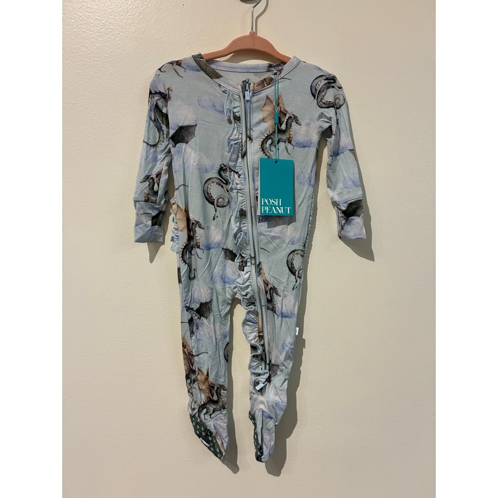 Posh Peanut Percy Dragon Bamboo Ruffle Footie Pajamas‎ Blue 3-6 Months NWT